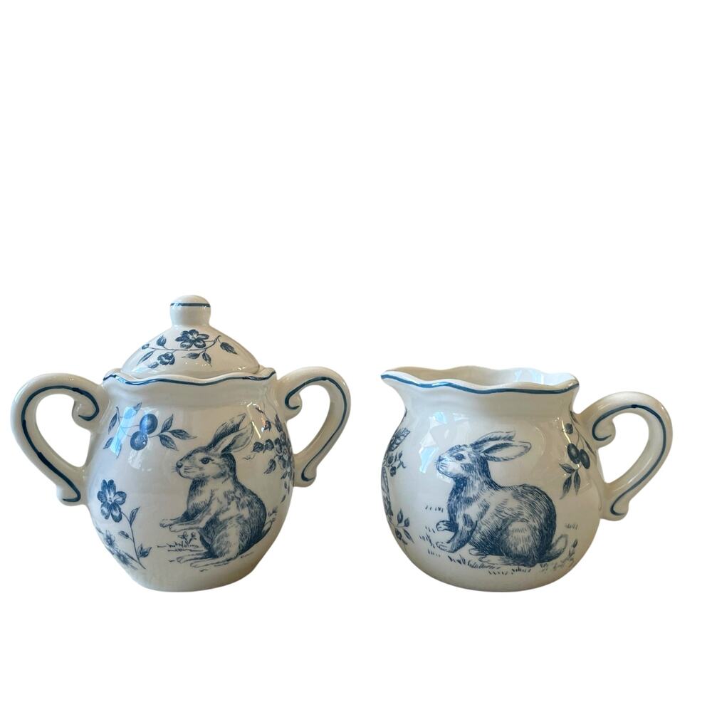 Maxcera Blue Bunny Rabbit Toile Creamer & Sugar Bowl With Lid Easter Ceramic New